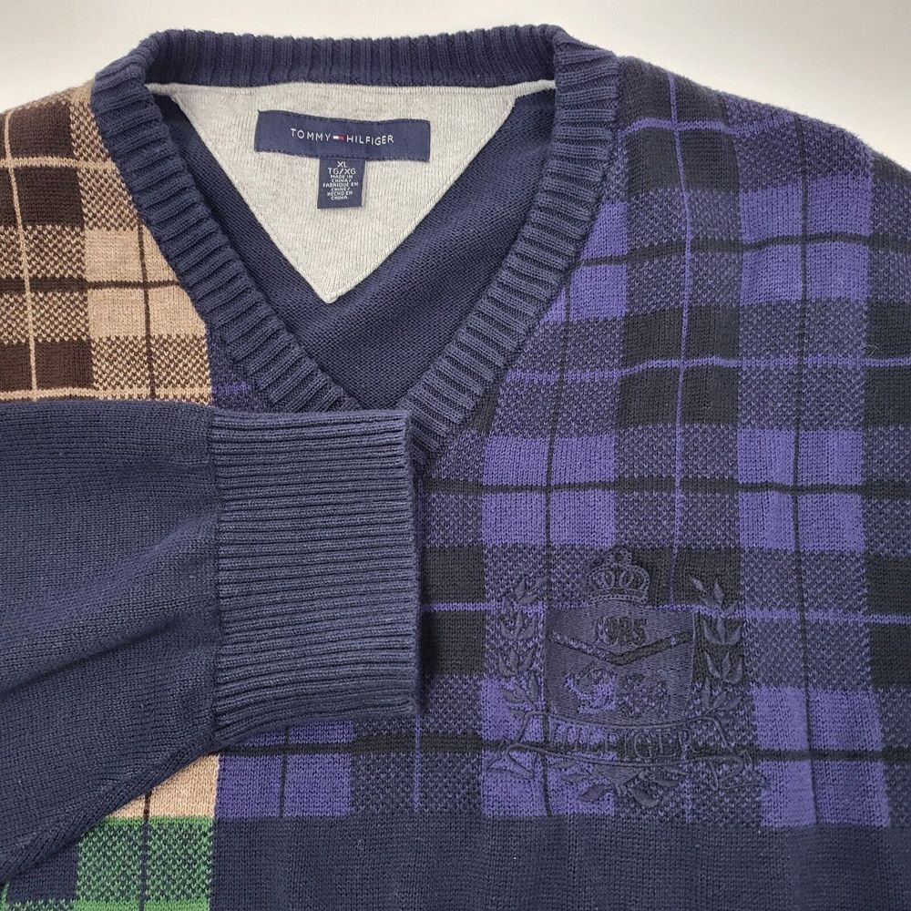 Tommy Hilfiger Color Block Plaid V-Neck Cotton Sweater Men's Size Medium‎